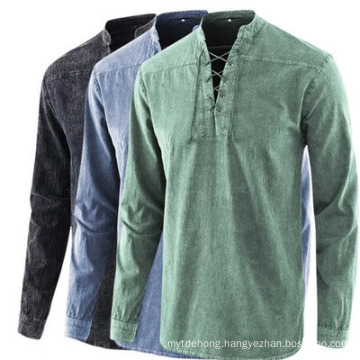 New Solid Color Retro Lace-up Collar Loose Casual Shirt